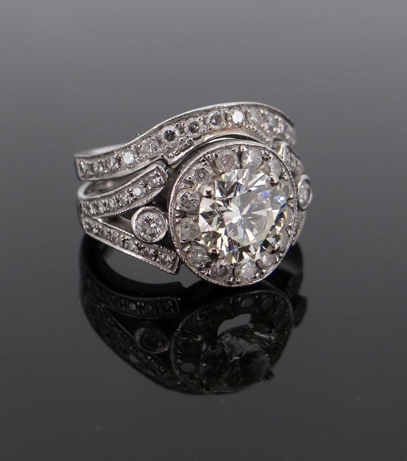 MODERN PLATINUM DIAMOND ENCRUSTED ENGAGEMENT RING & MATCHING WEDDING BAND, the central stone - Image 8 of 8