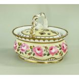 AN INTERESTING ENGLISH PORCELAIN FLOWER BASKET & COVER of oval shape with pierced cover bearing rose