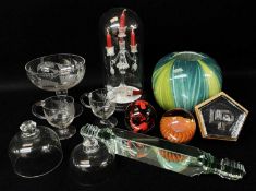 VARIOUS ORNAMENTAL GLASS including a Victorian dome containing fancy glass candelabra, a map or