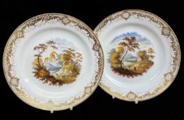 PAIR OF SWANSEA PORCELAIN PLATES painted with landscape scenes by George Beddow within borders of