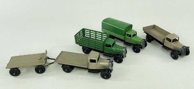 DINKY TOYS: Liverpool flatbed truck and trailer, Liverpool tipper truck, Liverpool cargo truck and