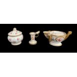 THREE SMALL ITEMS OF PORCELAIN 19th Century, comprising (1) Swansea-style taper-stick with ring