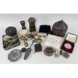 VARIOUS CABINET OBJECTS OF CURIOSITY including sequined cushion 'The Marriage of James and Sarah