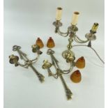 SET BRASS TWO-BRANCH WALL LIGHTS & CANDELABRUM, with rope twist and tassel ornament, wall lights