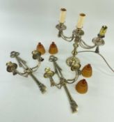 SET BRASS TWO-BRANCH WALL LIGHTS & CANDELABRUM, with rope twist and tassel ornament, wall lights
