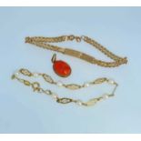 GOLD JEWELLERY comprising 18ct gold pearl bracelet, 9ct gold ID bracelet and a 9ct gold coral