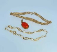 GOLD JEWELLERY comprising 18ct gold pearl bracelet, 9ct gold ID bracelet and a 9ct gold coral