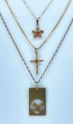 9CT GOLD JEWELLERY comprising 9ct gold cross pendant on chain, 9ct gold flower pendant on chain