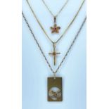 9CT GOLD JEWELLERY comprising 9ct gold cross pendant on chain, 9ct gold flower pendant on chain