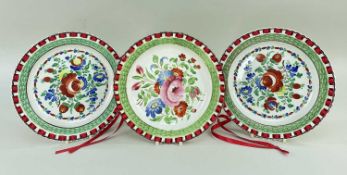 TRIO OF SWANSEA DILLWYN 'RIBBON' PLATES having typically decorated centres of naive flowers,