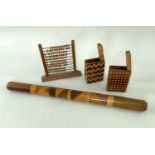 ASSORTED TREEN COLLECTIBLES, comprising sectional cylindrical mixed wood ruler, 31cm, toy abacus,