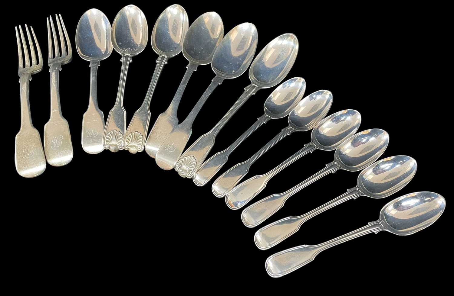 ASSORTED 19TH CENTURY SILVER FLATWARE, comprising pair George III fiddle pattern table forks