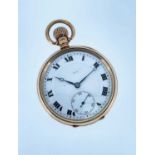 BUREN 9CT GOLD KEYLESS WIND POCKET WATCH, Birmingham 1922, white enamel roman dial with subsid.