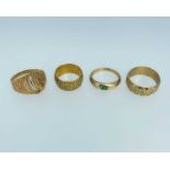 FOUR 9CT GOLD RINGS three having textured designs, the other set with small turquoise, 16.7gms gross