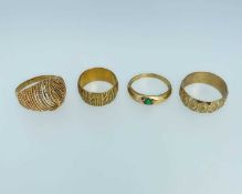 FOUR 9CT GOLD RINGS three having textured designs, the other set with small turquoise, 16.7gms gross