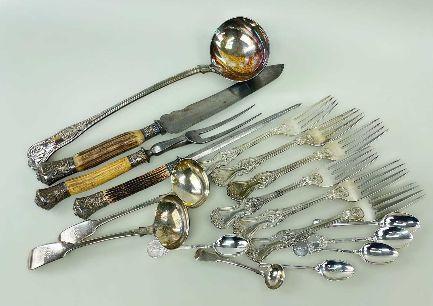 ASSORTED SILVER & EPNS FLATWARE, including EPNS B-initialed soup ladle, pair fiddle pattern sauce