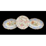 THREE 19TH CENTURY ENGLISH PORCELAIN PLATES / DISHES comprising rose and butterfly decorated lobed