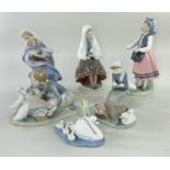 SIX LLADRO PORCELAIN FIGURES gloss finish, country scenes, religious and swans, various sizes
