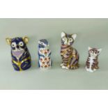 FOUR ROYAL CROWN DERBY CHINA PAPERWEIGHTS, comprising two seated cats, chipmunk and koala, all