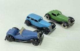 DINKY TOYS: 36e Salmson two-seater sports car, 36b Bentley sports coupe (with white tyres), 36a