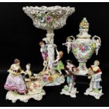 ASSORTED GERMAN FIGURAL PORCELAIN, including Plaue comport, 44cm h, Plaue pot pourri vase, figure