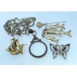 ASSORTED JEWELLERY comprising white metal filigree pin with three articulated fish, Norman