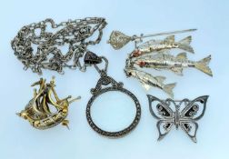 ASSORTED JEWELLERY comprising white metal filigree pin with three articulated fish, Norman