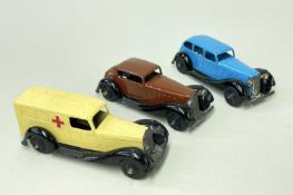 DINKY TOYS: 36d Rover streamlined saloon, 36a Armstrong Siddeley coupe, 30f Ambulance (3)