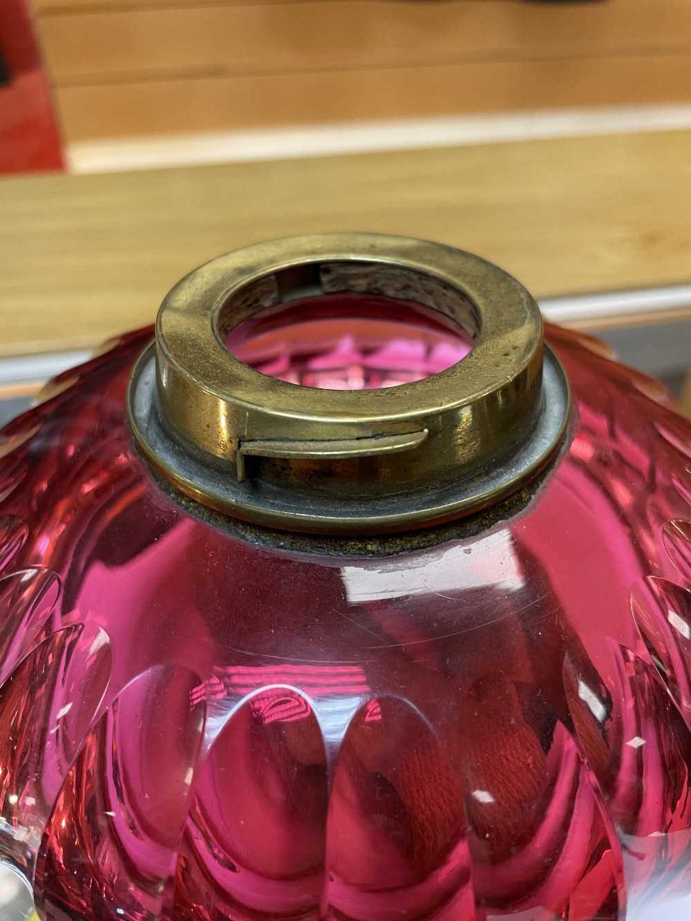 CRANBERRY GLASS WALL MOUNTED OIL LAMP with cranberry coloured reservoir and etched glass shade, - Image 18 of 18