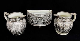 THREE BELIEVED SWANSEA EARTHENWARE SILVER LUSTRE ITEMS comprising half-moon bulb pot of