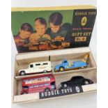 BUDGIE TOYS BOXED GIFT SET No. 4, comprising Daimler Ambulance, Breakdown Truck, Wolseley Police