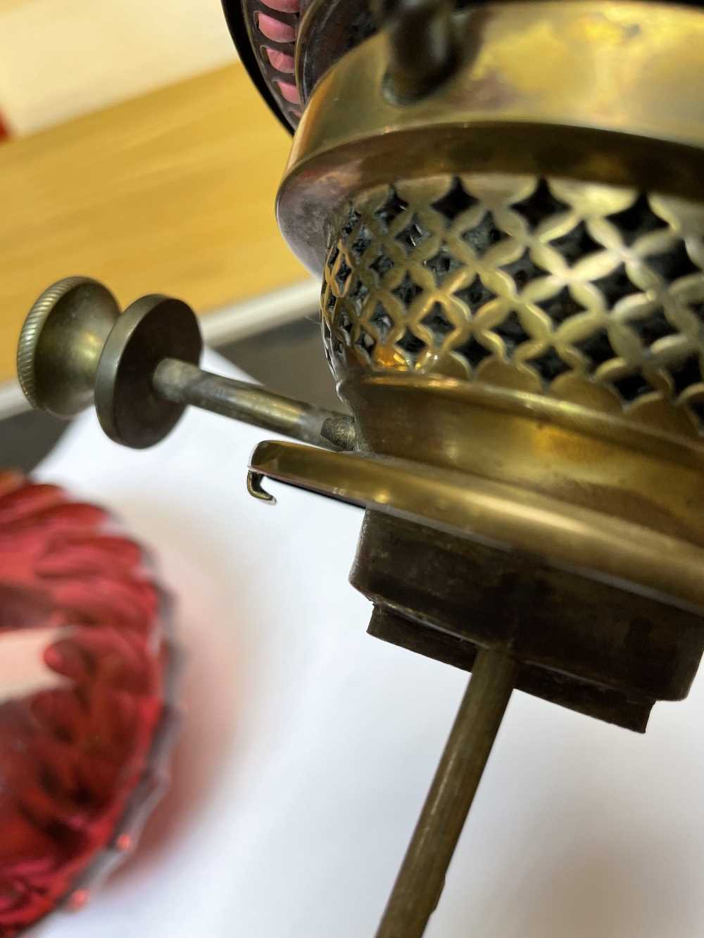 CRANBERRY GLASS WALL MOUNTED OIL LAMP with cranberry coloured reservoir and etched glass shade, - Image 13 of 18