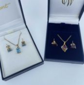 TWO 9CT GOLD SUITES OF JEWELLERY comprising blue topaz pendant on chain with pair of matching