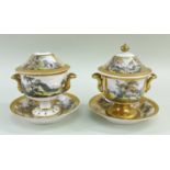 NEAR PAIR OF ENGLISH PORCELAIN TWIN-HANDLED CUPS, COVERS & STANDS early 19th Century, decorated with