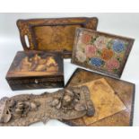 FOUR POKERWORK / PYROGRAPHYED ITEMS, comprising good floral twin-handled tray, 47 x 26cms, good
