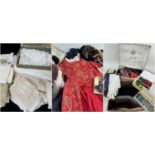 ASSORTED COSTUME, LACE, LINEN & ACCESSORIES, including an cotton Indian print dress, velvet hats,