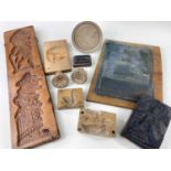 GROUP OF WOODEN MOULDS / PRINTING BLOCKS including 19th Century Mr & Mrs Punch gingerbread mould,