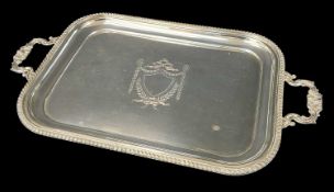 GOOD ELECTROPLATED TEA TRAY, rounded rectangular with gadrooned rim and acanthus & shall handles,