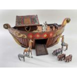 A CHARMING WOODEN NOAH'S ARK WITH PAINTED ALLOY ANIMALS, early 20th Century, naively painted,