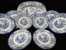 GROUP OF LLANELLY COLANDINE PATTERN BLUE PRINTED POTTERY comprising six dinner plates, 27cms diam.