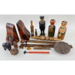 ASSORTED TREEN OBJECTS, including a pair of turned and painted dolls, stained bookends, spindle
