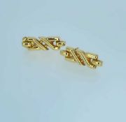 PAIR OF 18CT GOLD EARRINGS of lattice design, stamped '750', 3.8gms, in Walker & Hall box