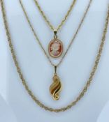 9CT GOLD JEWELLERY comprising 9ct gold scroll pendant on chain, 9ct gold cameo pendant on chain