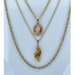 9CT GOLD JEWELLERY comprising 9ct gold scroll pendant on chain, 9ct gold cameo pendant on chain