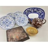 POTTERY GROUP including agate-ware teapot, old terracotta-mosaic section mounted as a kettle-