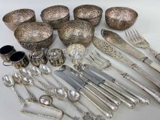 ASSORTED SILVER & SILVER PLATE comprising miniature silver trophy cup, two silver cruets and two