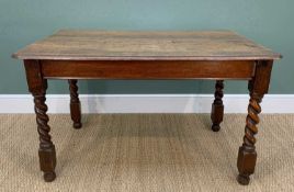 ANTIQUE OAK DINING TABLE, moulded top raised on barley-twist legs, 122w x 76d x 74cms hComments: leg