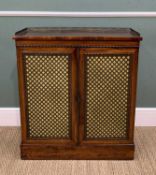 LATE REGENCY ROSEWOOD SIDE CABINET, with brass gallery over brass trellis. fabric and panelled doors