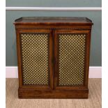 LATE REGENCY ROSEWOOD SIDE CABINET, with brass gallery over brass trellis. fabric and panelled doors