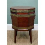 GEORGE III MAHOGANY & BRASS BOUND OCTAGONAL WINE COOLER, with lion mask carrying handles, on
